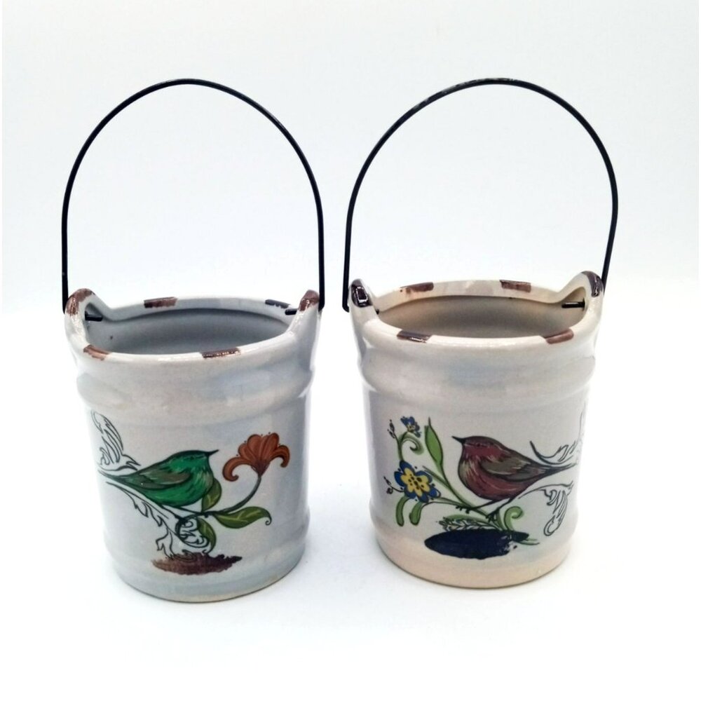 Ceramic Buckets Handles Birds Can Hold Candles Potpourri Flowers Vintage 3.5 In